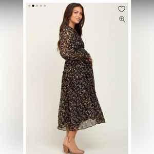 NWT - PinkBlush Black Floral Chiffon Ruffle Accent Maternity Midi Dress - Large